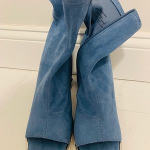 Open toe blue suede zip-up heels